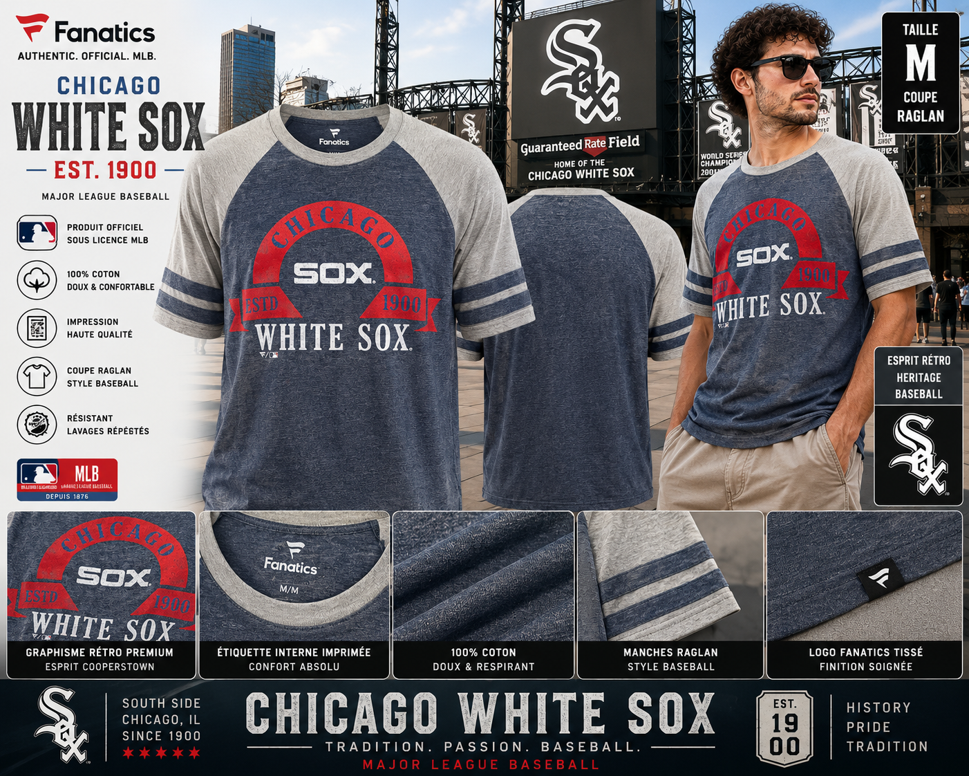 CHICAGO WHITE SOX ⚾🔥 Fanatics MLB Cooperstown Collection – T-Shirt Raglan Baseball Rétro 1900 – Édition Heritage – Taille M 🇺🇸