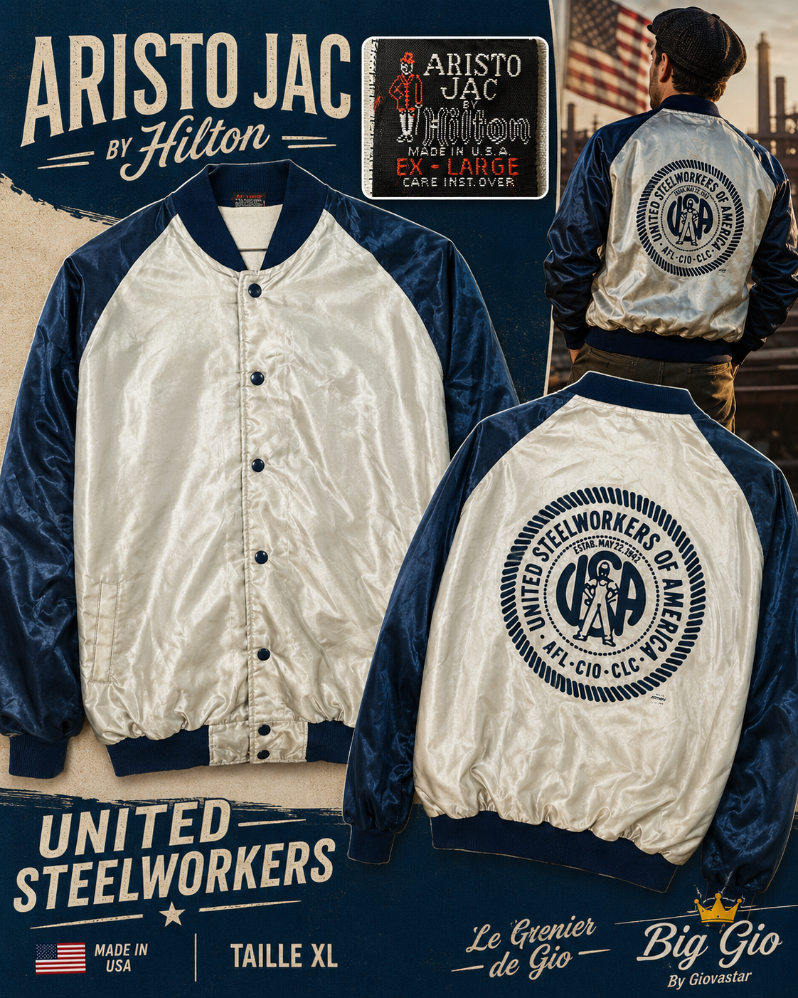 Aristo Jac by Hilton United Steelworkers veste satin vintage Made in USA – XL