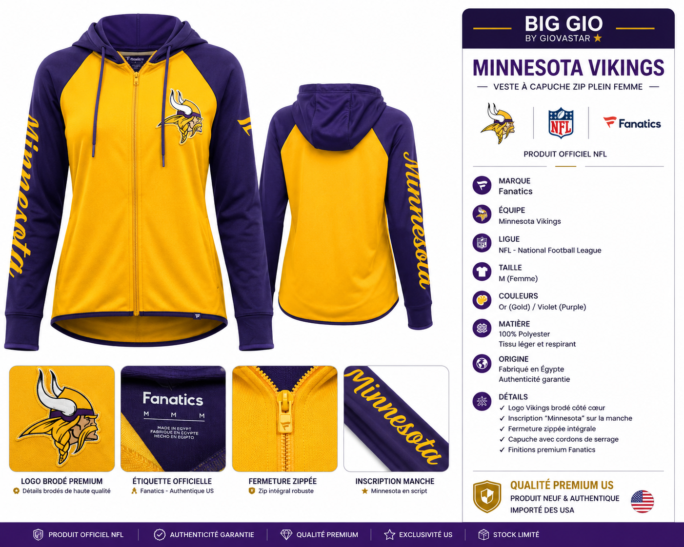 veste femme minnesota vikings fanatics nfl taille M neuve
