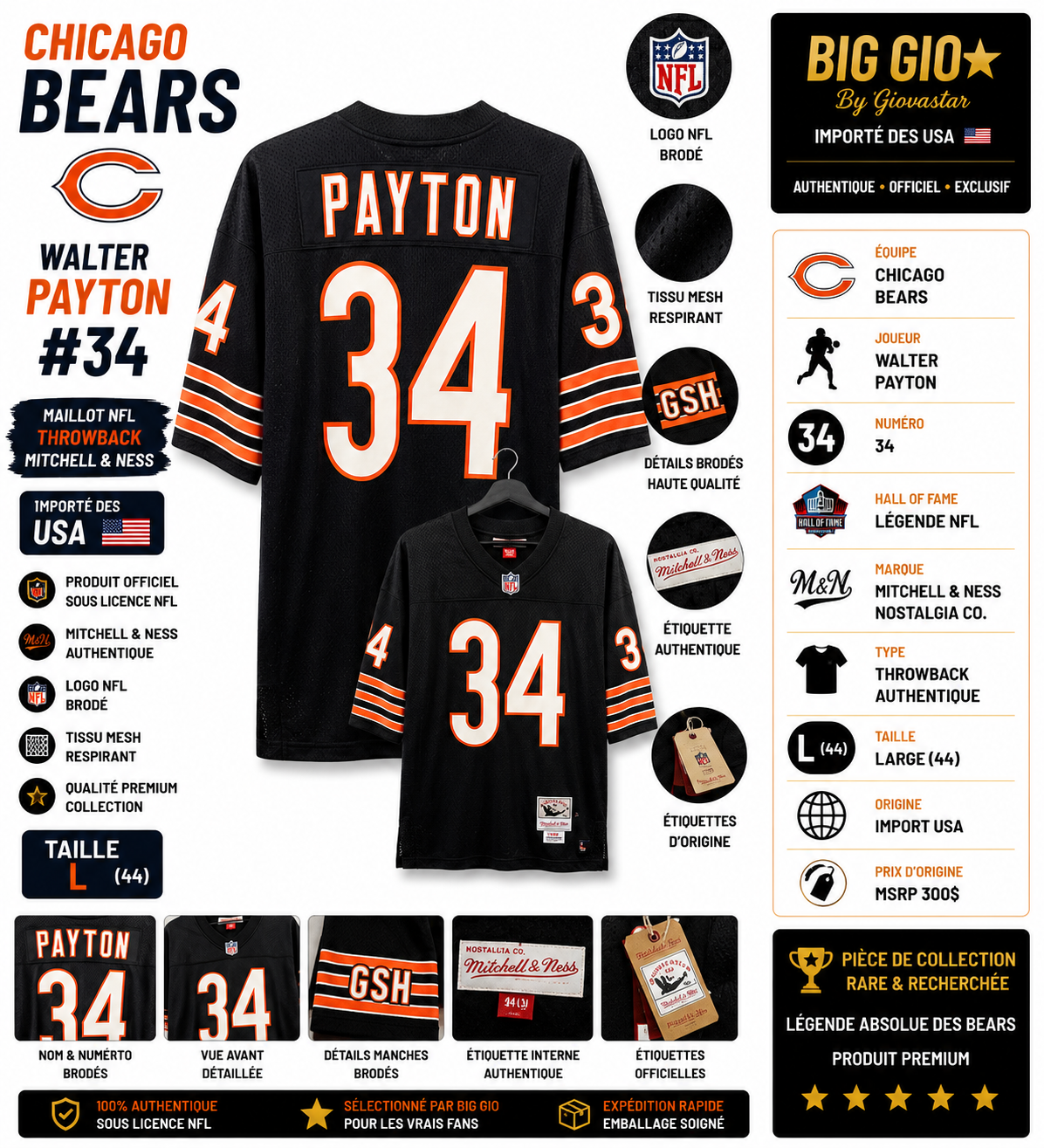 maillot nfl chicago bears walter payton #34 mitchell & ness noir taille l