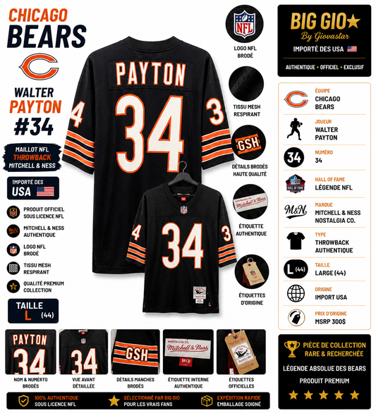 maillot nfl chicago bears walter payton #34 mitchell & ness noir taille l