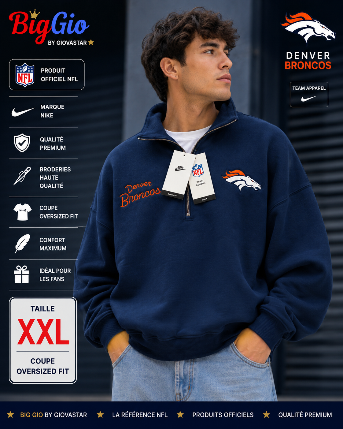 Nike Denver Broncos NFL 1/4 Zip Oversized XXL