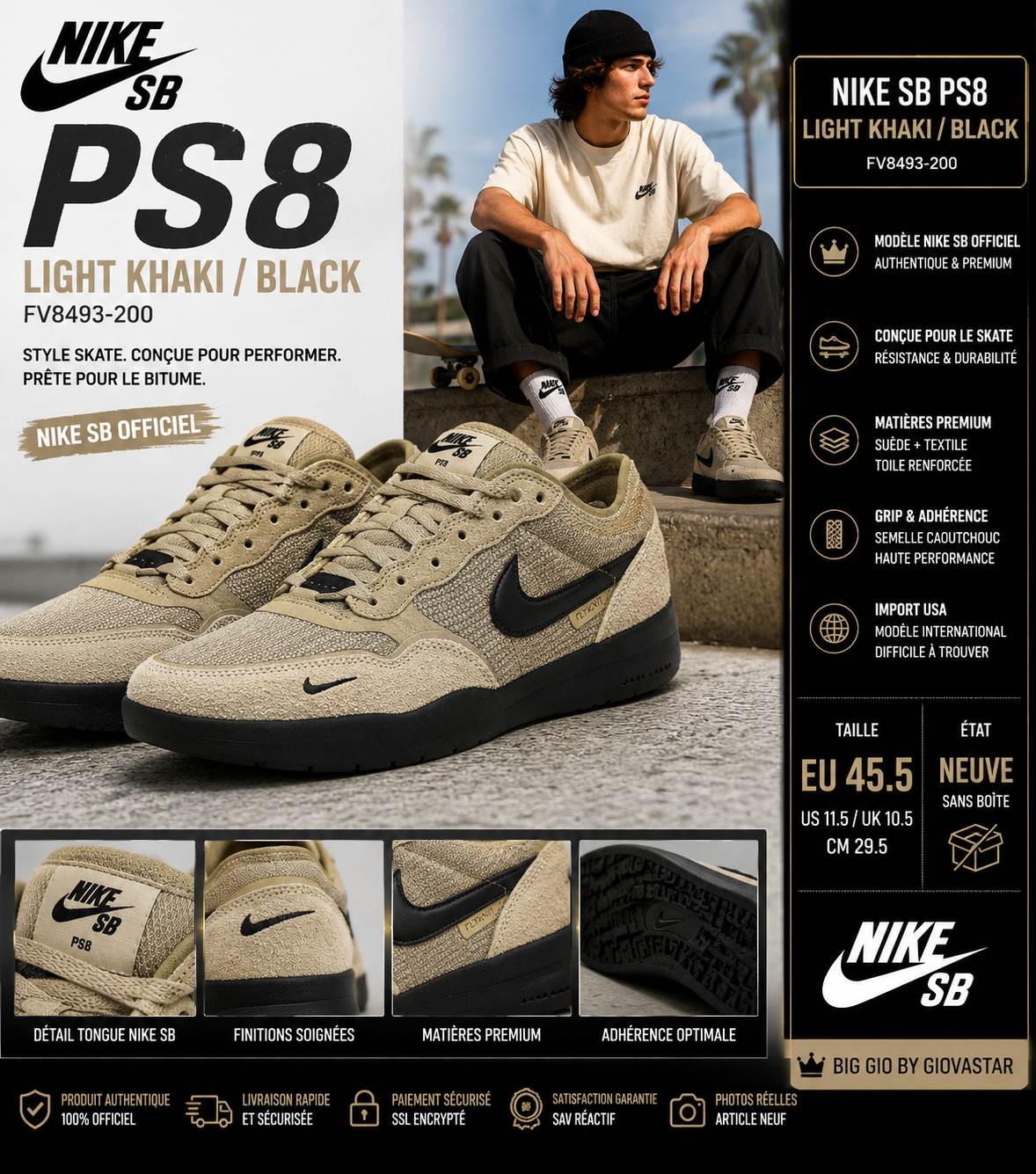 Nike SB PS8 Light Khaki Black FV8493-200 – Neuve sans boîte – Taille EU 45.5