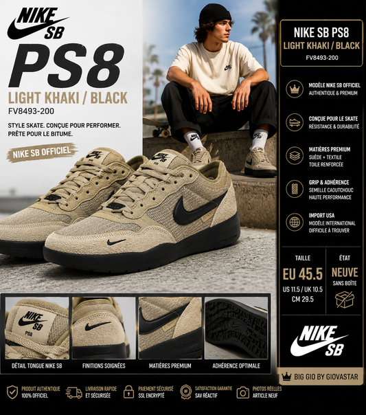 Nike SB PS8 Light Khaki Black FV8493-200 – Neuve sans boîte – Taille EU 45.5
