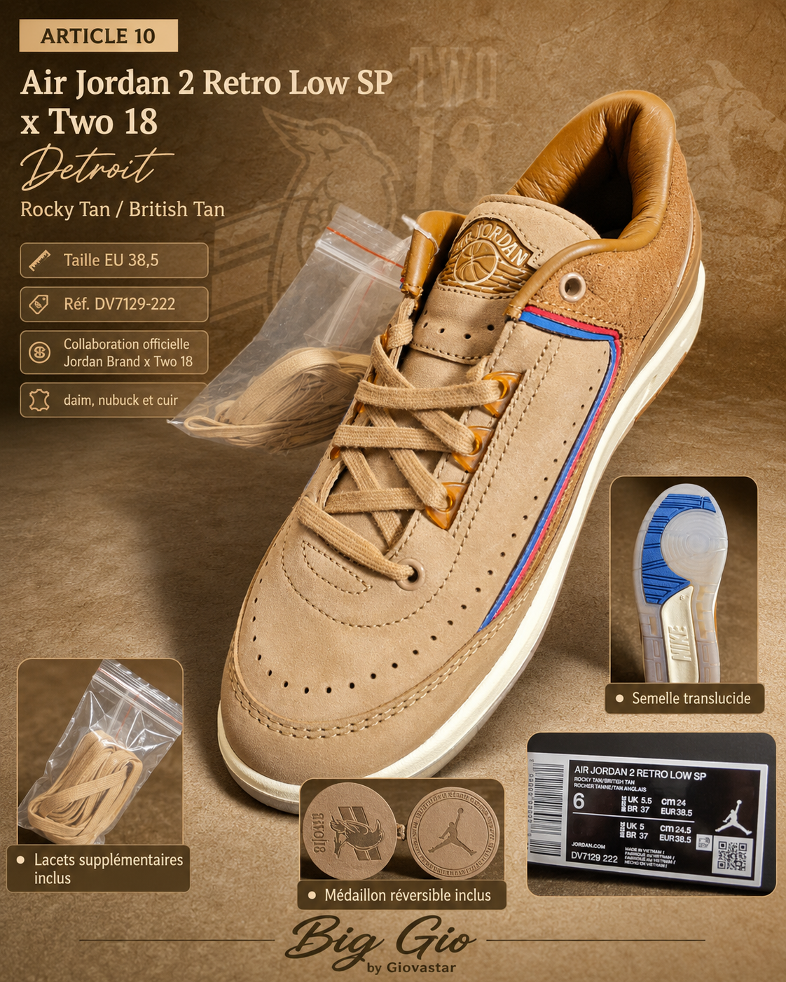 🔥 Air Jordan 2 Retro Low SP x Two 18 Detroit – Taille 38,5