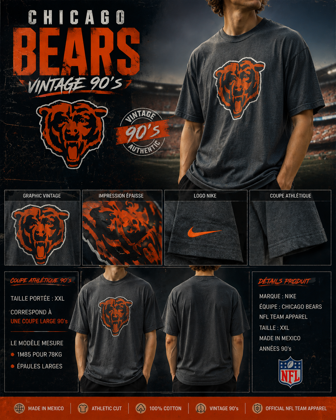 🔥 Nike NFL Chicago Bears – The Nike Tee Bear Head – Gris Anthracite – XXL Homme 🐻🏈