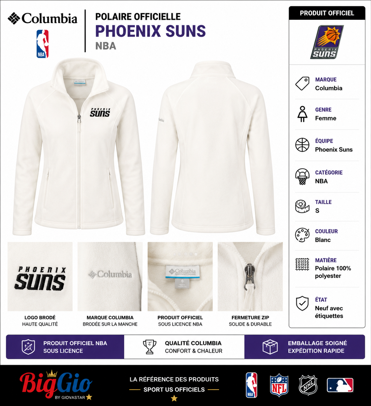 Polaire Columbia Phoenix Suns NBA blanche femme S officielle