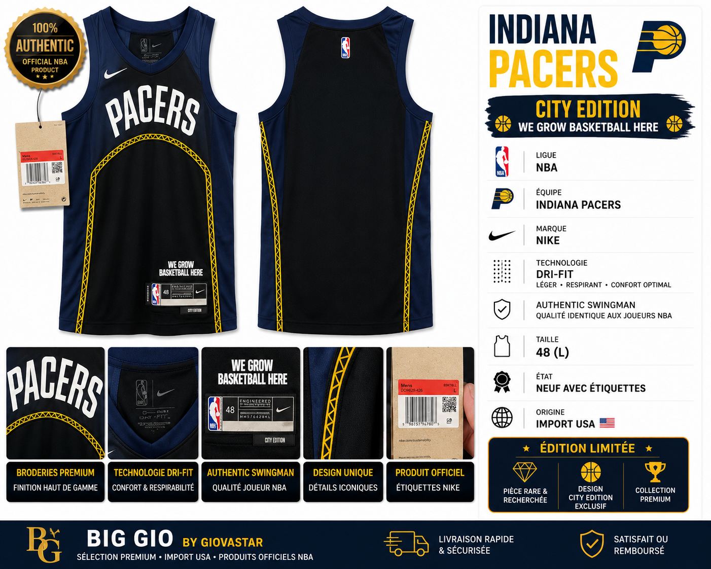 🔥 Nike NBA Indiana Pacers City Edition Swingman Officiel 🇺🇸 Import USA • Neuf avec étiquettes • Collector • Big Gio By Giovastar