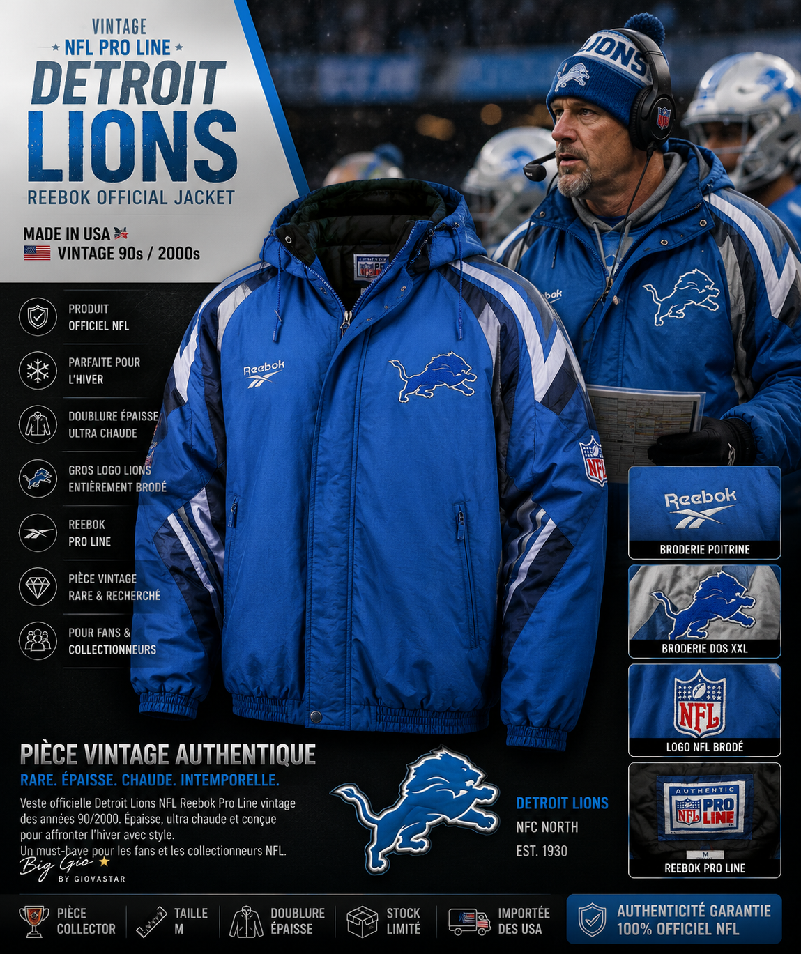 🔥 Veste vintage Reebok NFL Pro Line Detroit Lions – Taille M 🦁