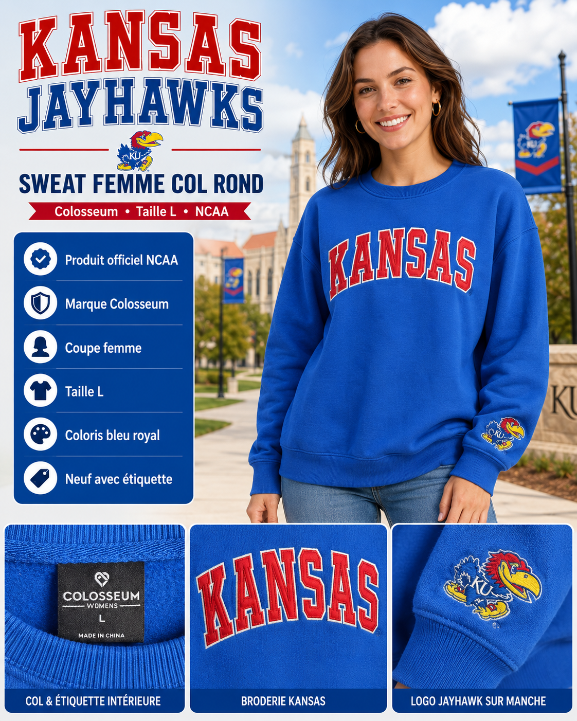 🔵 Kansas Jayhawks Sweat Femme Colosseum NCAA Bleu Royal Brodé Taille L Neuf