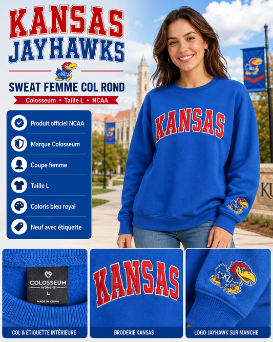 🔵 Kansas Jayhawks Sweat Femme Colosseum NCAA Bleu Royal Brodé Taille L Neuf