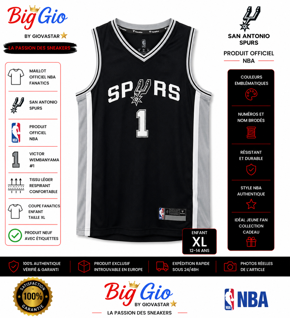 Maillot NBA Spurs Wembanyama #1 Fanatics enfant XL