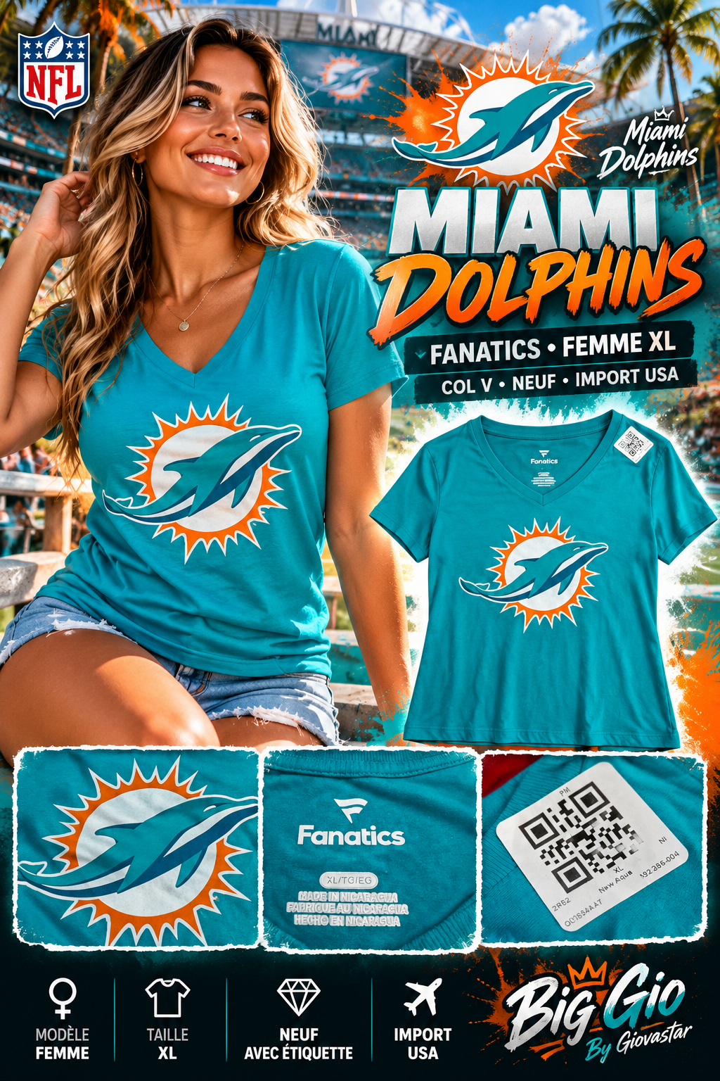 T-shirt Fanatics Miami Dolphins NFL aqua col V femme XL neuf