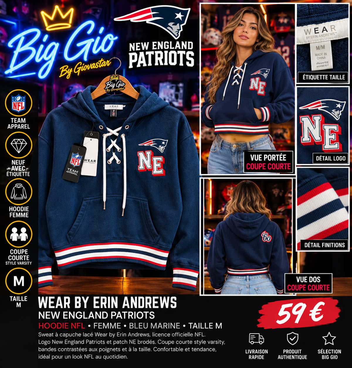Visuel porté illustratif : hoodie femme Patriots coupe courte, taille M, longueur au ventre