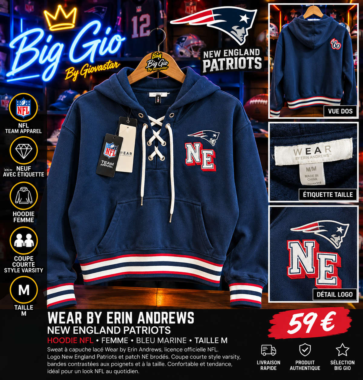 Hoodie femme Patriots WEAR by Erin Andrews coupe courte lacets M