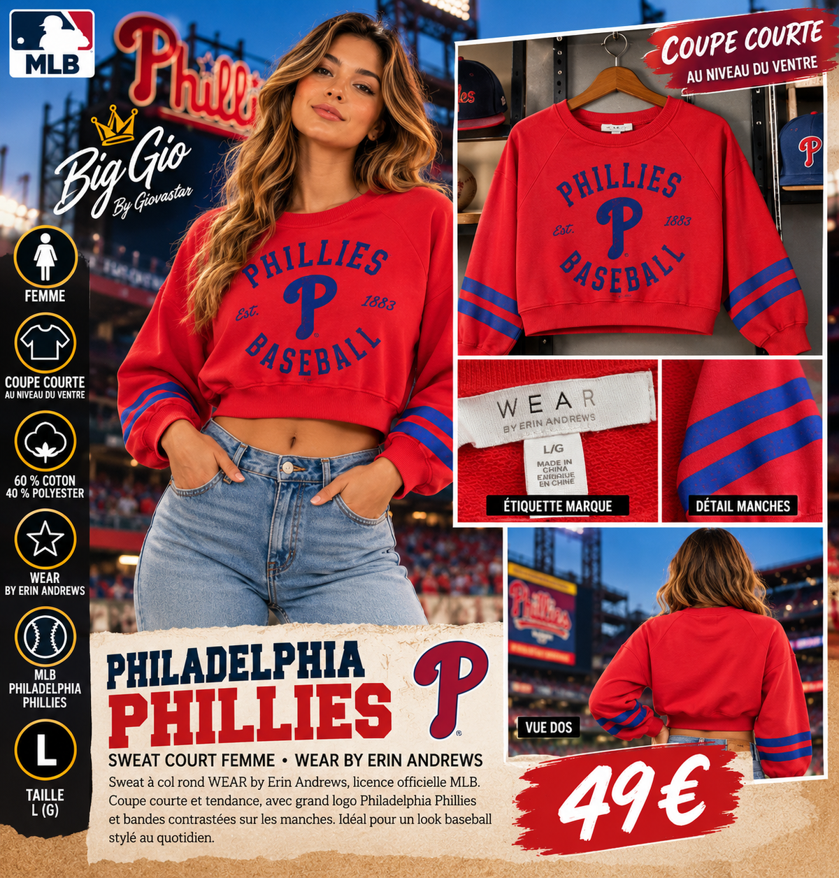 Sweat court Philadelphia Phillies femme L visuel porté illustratif