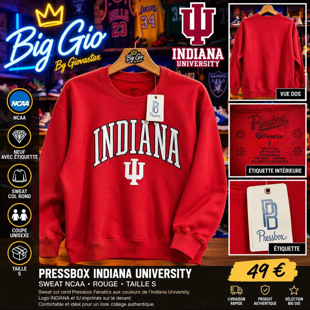Sweat femme Pressbox Indiana Hoosiers rouge S neuf avec étiquette