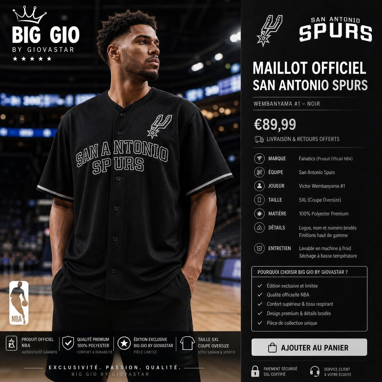 Jersey NBA San Antonio Spurs 🏀 Wembanyama #1 — Fanatics Officiel Baseball Style — 5XL