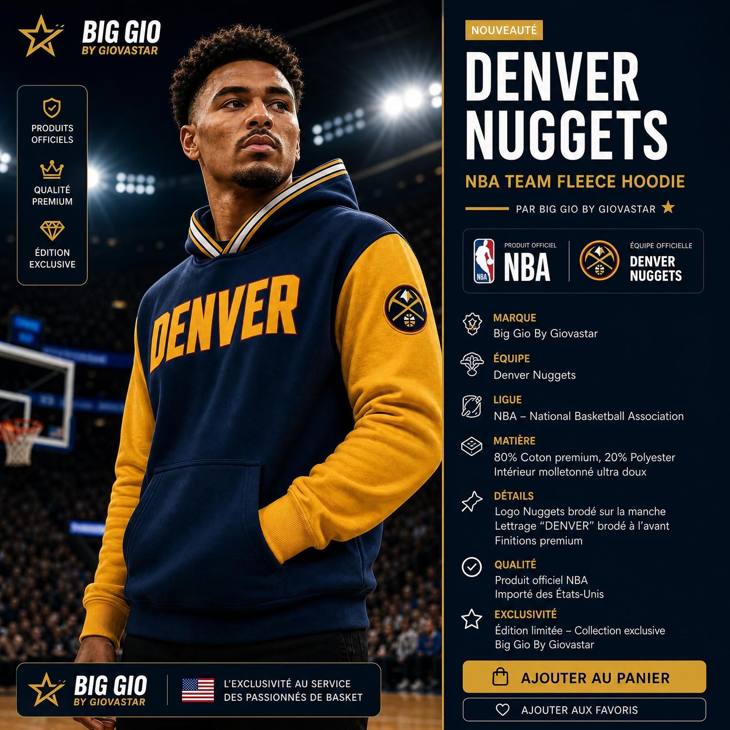 Hoodie NBA Denver Nuggets 🏀 Style Varsity — Fanatics Officiel — Neuf avec Étiquettes — Taille XL