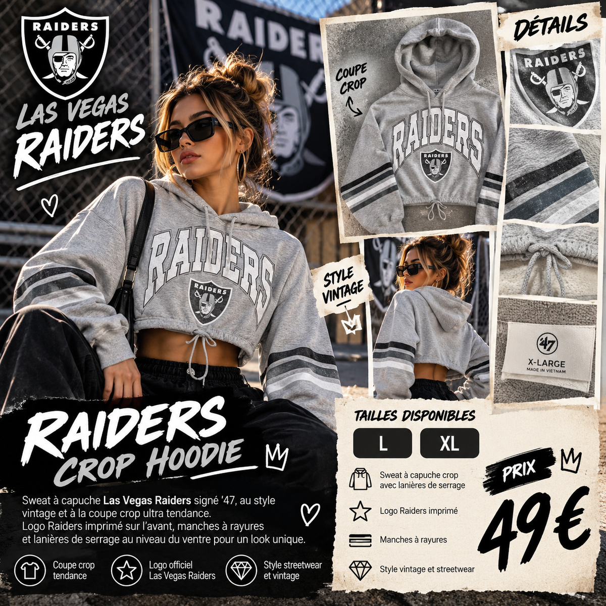 Illustration sweat crop Raiders gris femme XL
