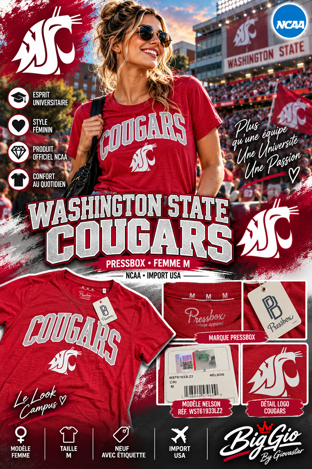 T-shirt Pressbox Nelson Washington State Cougars rouge NCAA femme M neuf